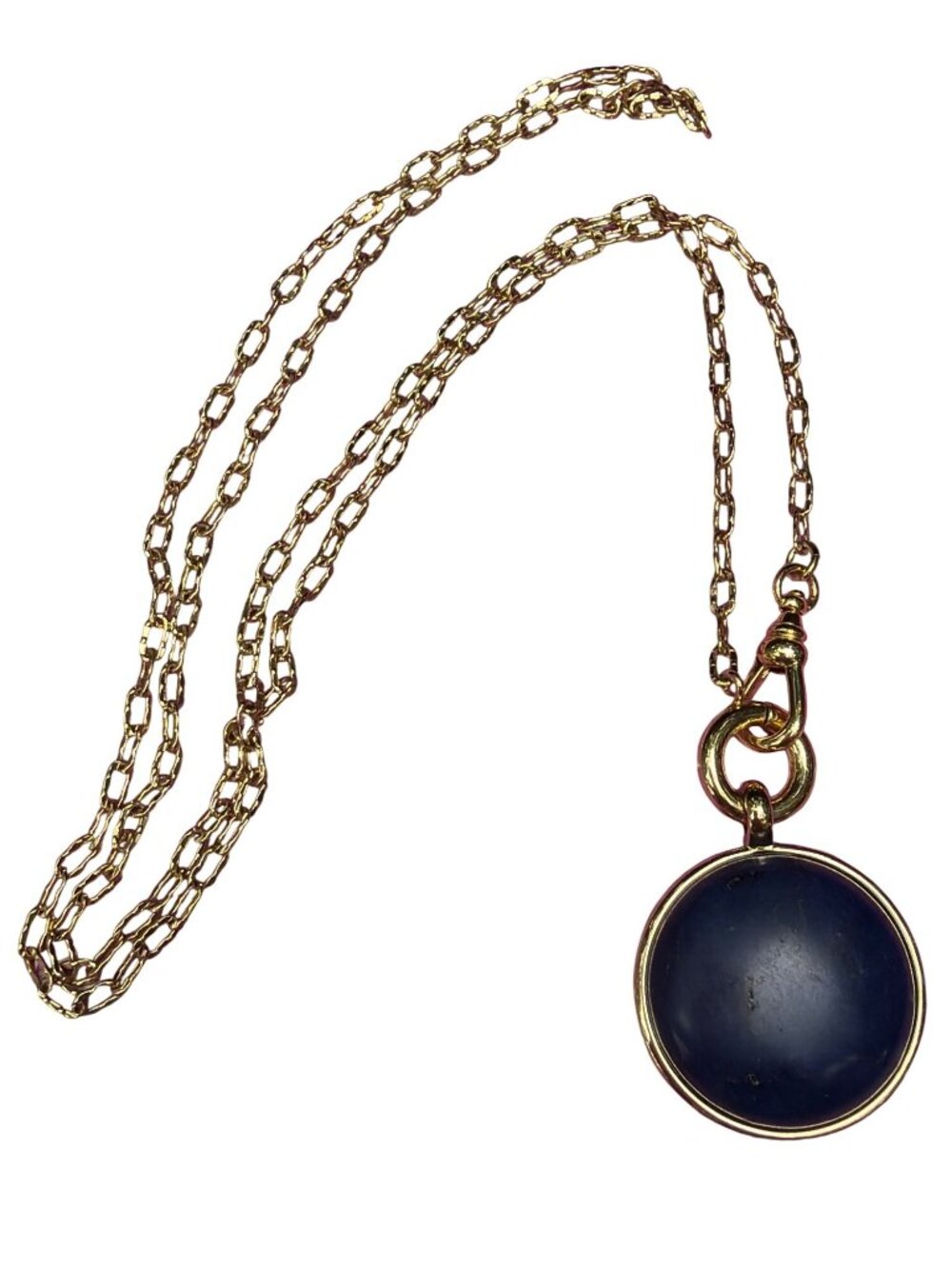 Lapis Lazuli Round Pendant Necklace Gold Tone Chain Front Clasp 30" Sleek - Picture 3 of 4